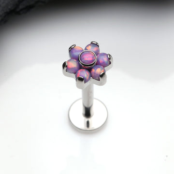Detail View 1 of Brilliant Fire Opal Sparkle Flower Top Internally Threaded Labret-Purple Opal